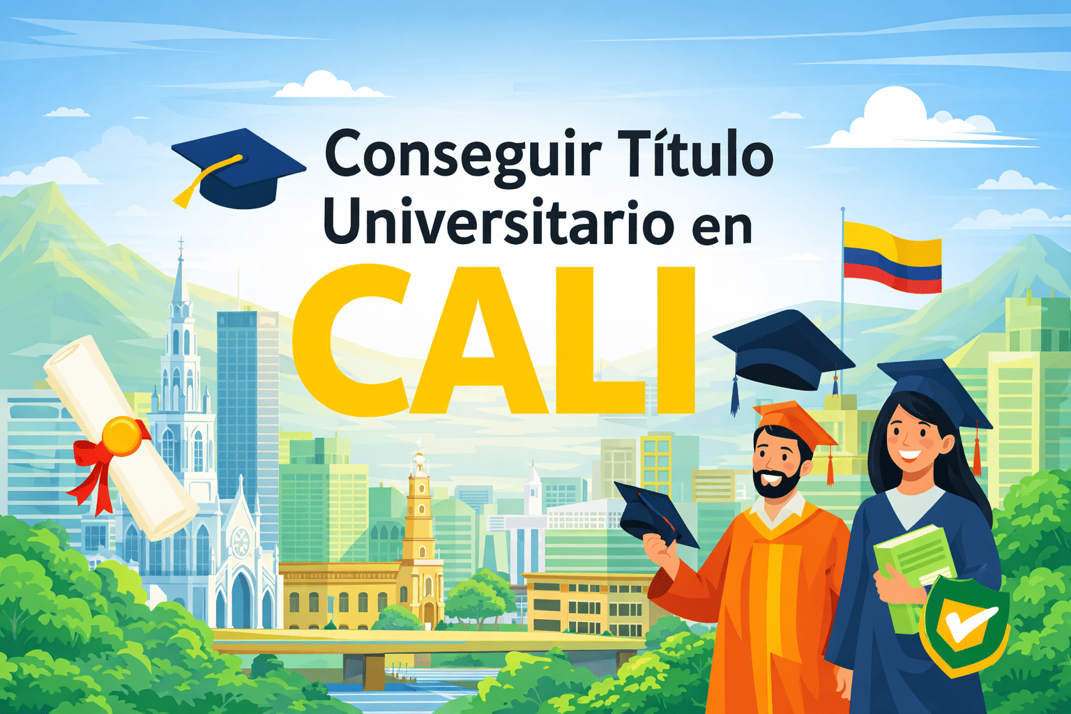 Ilustración de graduados con toga y birrete sobre el paisaje urbano de Cali, Colombia, con el texto “Conseguir Título Universitario en Cali”.