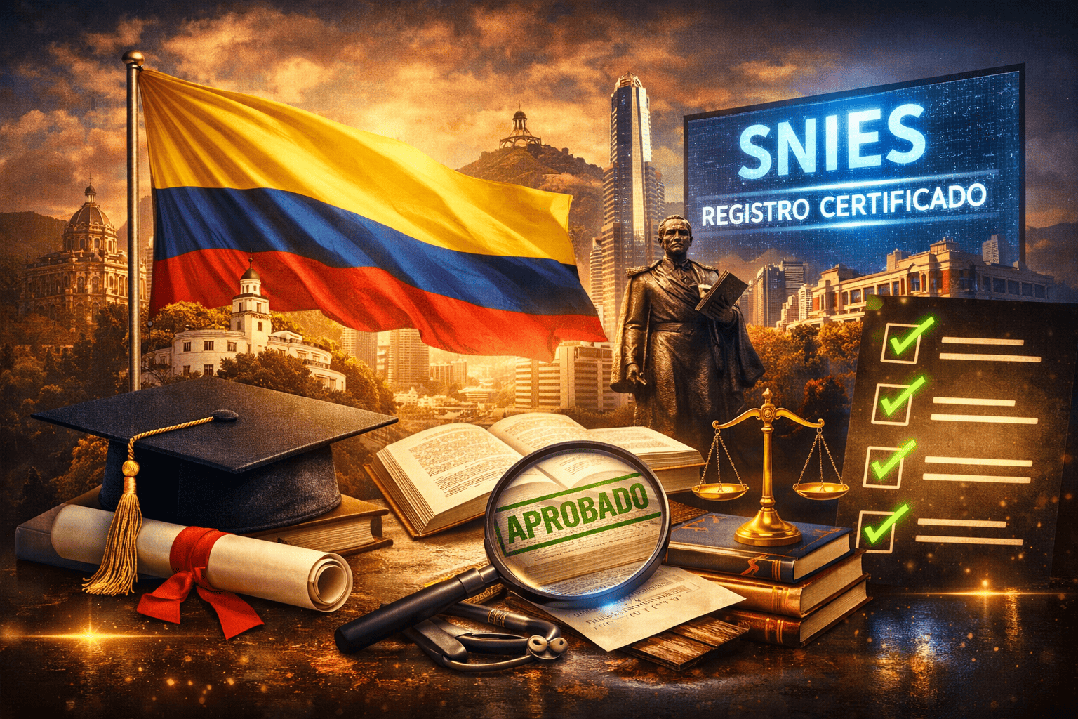 Títulos universitarios registrados y verificables en Colombia con símbolos académicos, bandera colombiana, diploma y SNIES en fondo urbano