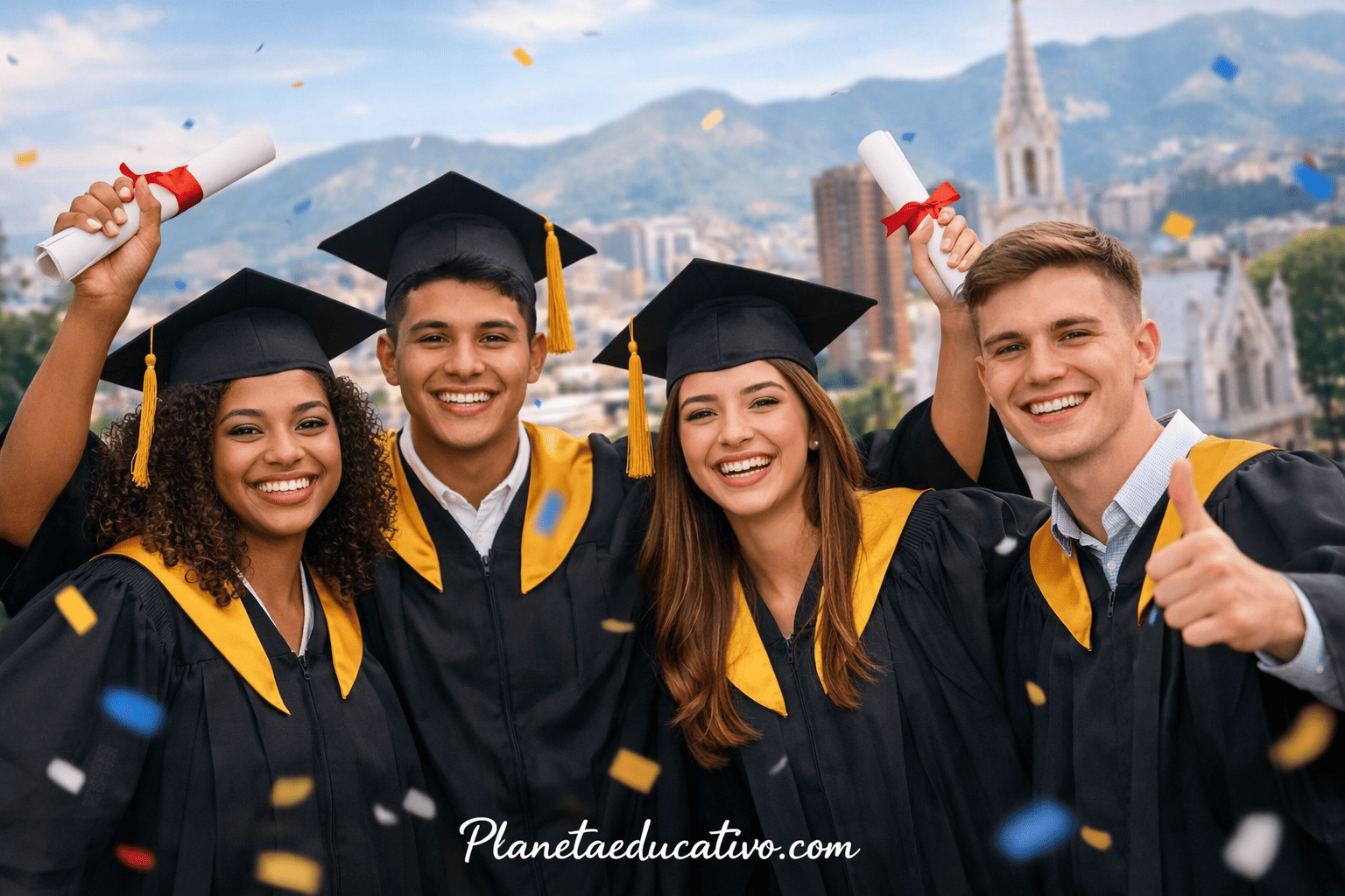 Estudiantes de bachillerato graduados con toga y birrete celebrando con diplomas en Colombia con fondo urbano y firma Planetaeducativo.com